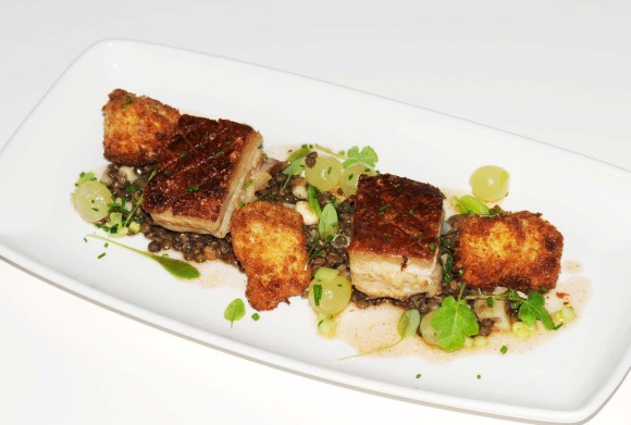 CRISPY PORK LOIN WITH DEEPFRIED VEAL SWEETBREADS AND PUY LENTILS